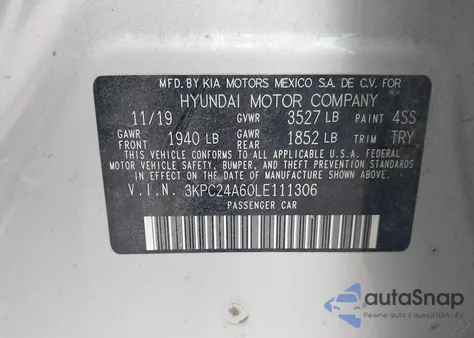 2020 Hyundai Accent Sel z USA, uszkodzony, nr VIN 3KPC24A60LE111306